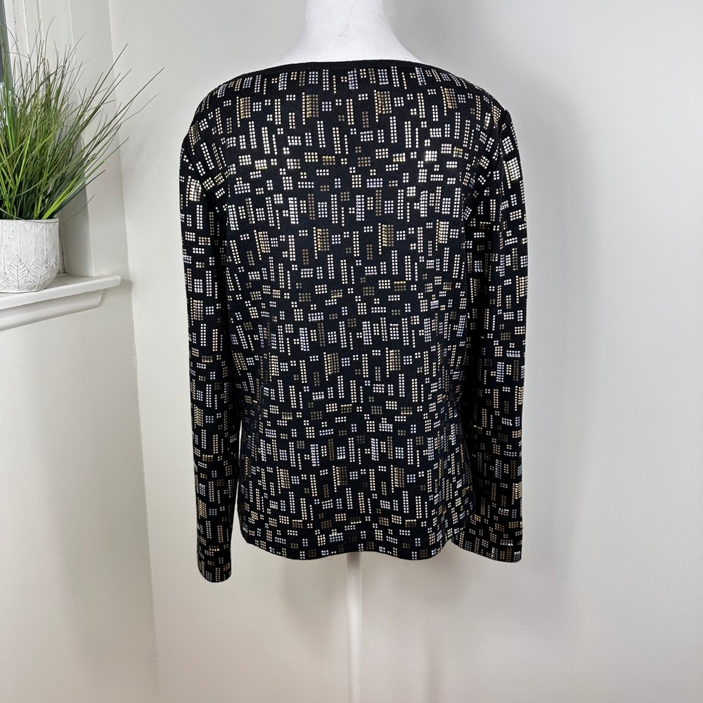 St. John Evening Embellished Geometric Knit Top Black Gold Size 8 USA - Picture 4 of 8